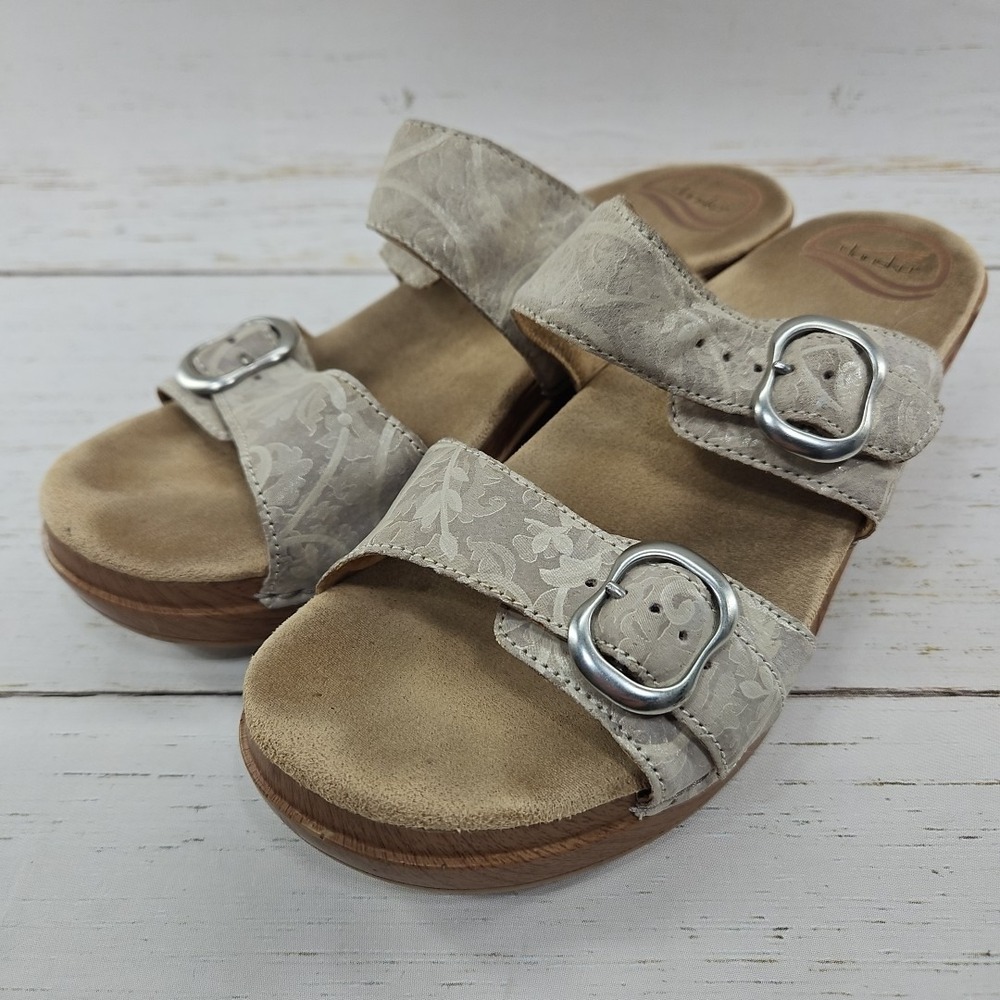 Dansko Sophie Beige Gray Buckle Floral Wood Wedge Leather Sandals EU 39 US 8.5-9